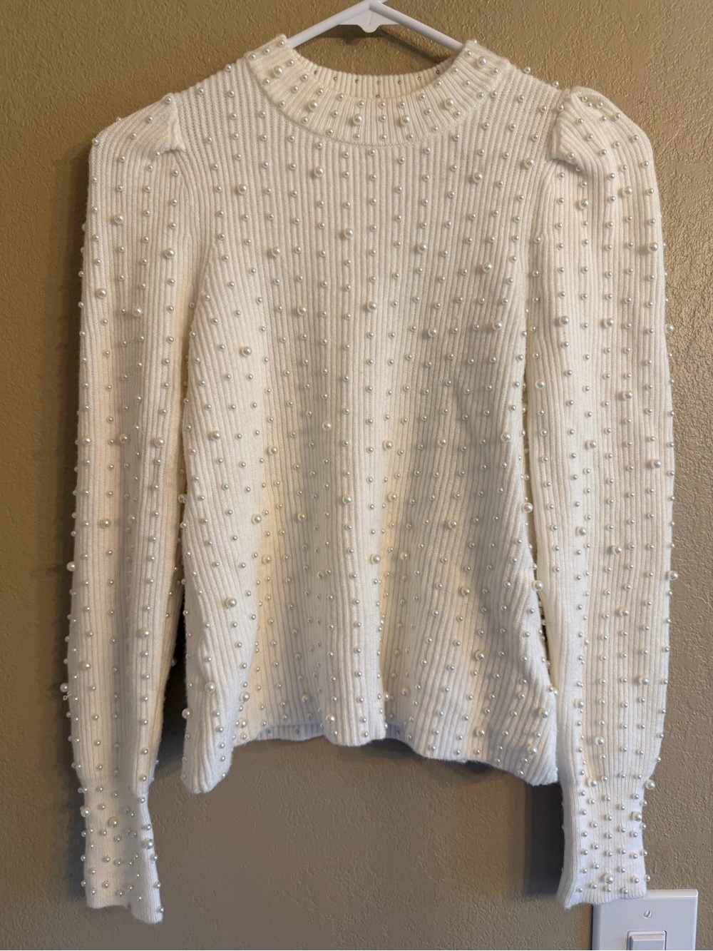 Express Pearl-Embellished Cream Ribbed Sweater